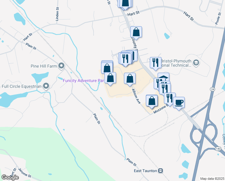map of restaurants, bars, coffee shops, grocery stores, and more near 80 Taunton Depot Drive in Taunton