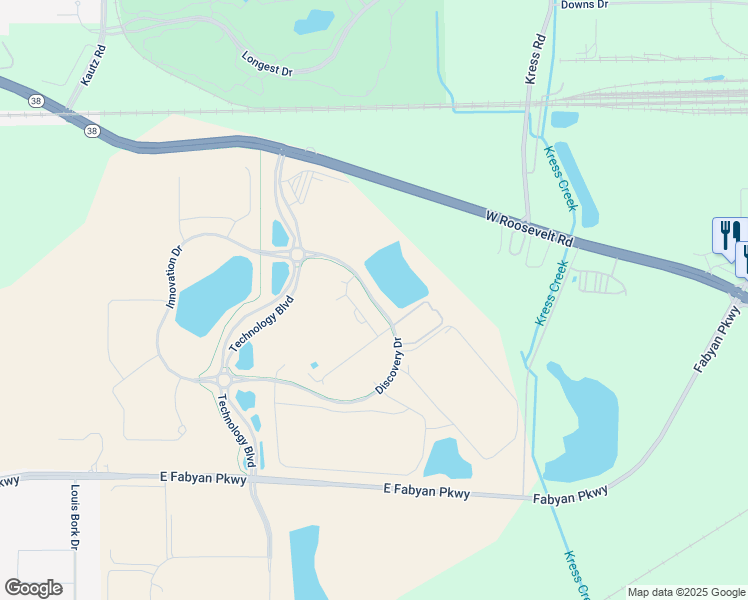 map of restaurants, bars, coffee shops, grocery stores, and more near Discovery Drive in West Chicago