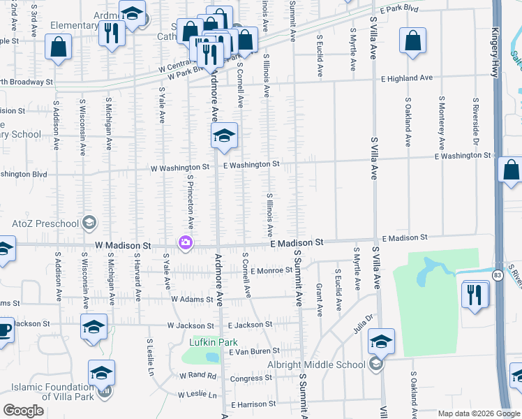 map of restaurants, bars, coffee shops, grocery stores, and more near 649 South Cornell Avenue in Villa Park