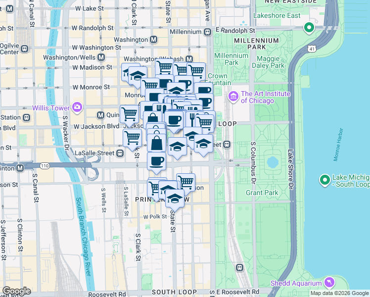 map of restaurants, bars, coffee shops, grocery stores, and more near 208 East Van Buren Street in Chicago