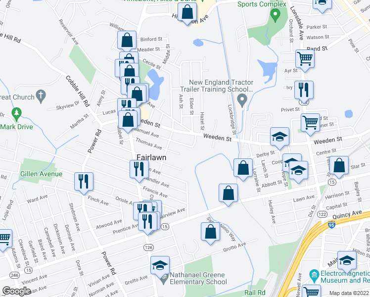 map of restaurants, bars, coffee shops, grocery stores, and more near 44 Samuel Avenue in Pawtucket