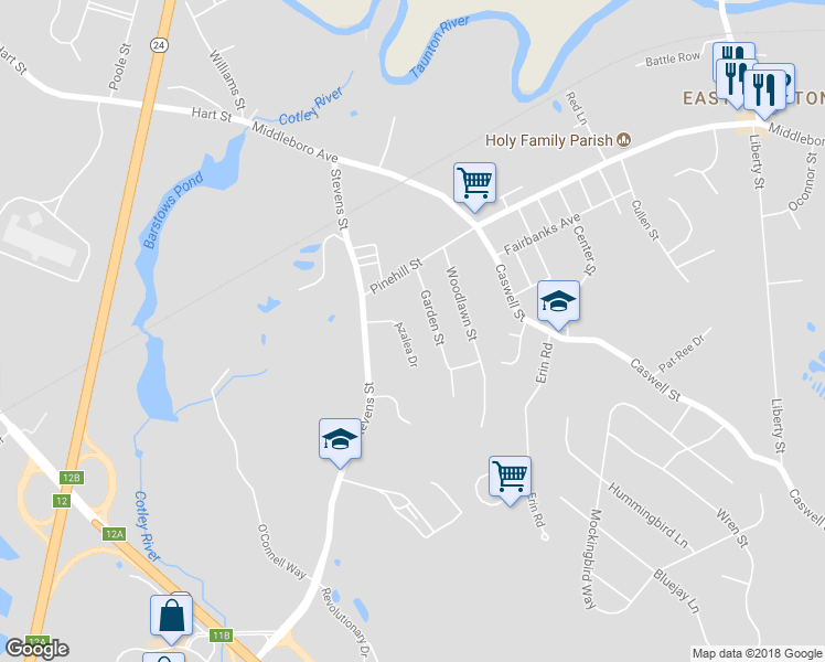 map of restaurants, bars, coffee shops, grocery stores, and more near 50 Azalea Drive in Taunton
