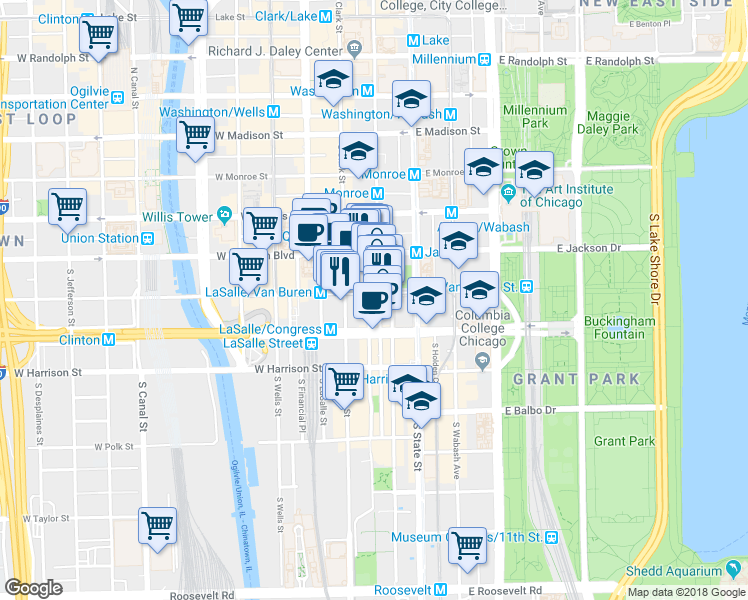 map of restaurants, bars, coffee shops, grocery stores, and more near 55 West Van Buren Street in Chicago