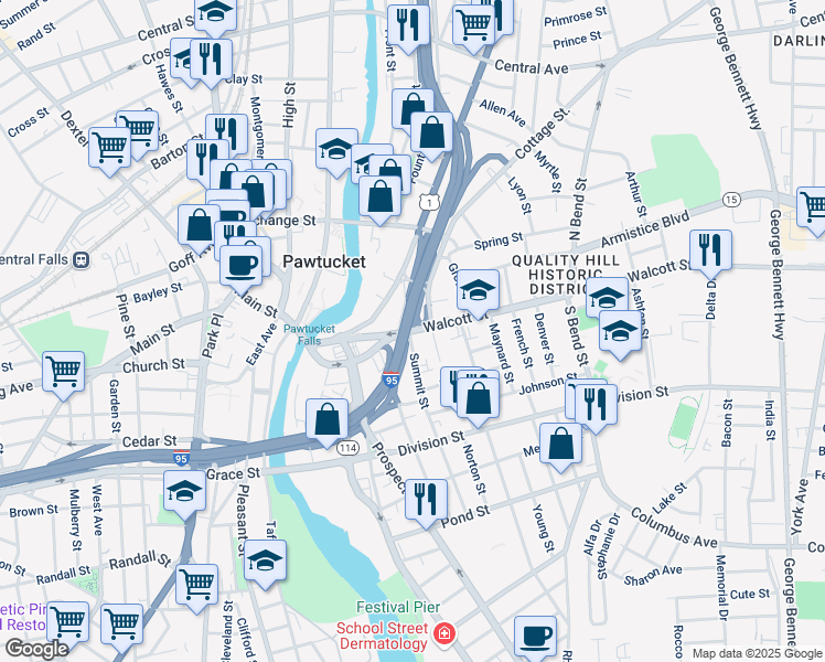 map of restaurants, bars, coffee shops, grocery stores, and more near 202 Walcott Street in Pawtucket