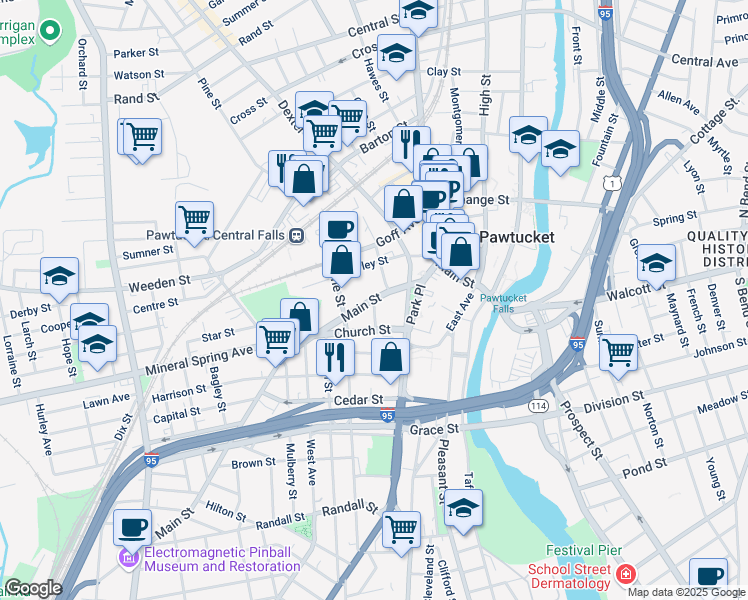 map of restaurants, bars, coffee shops, grocery stores, and more near 393 Main Street in Pawtucket