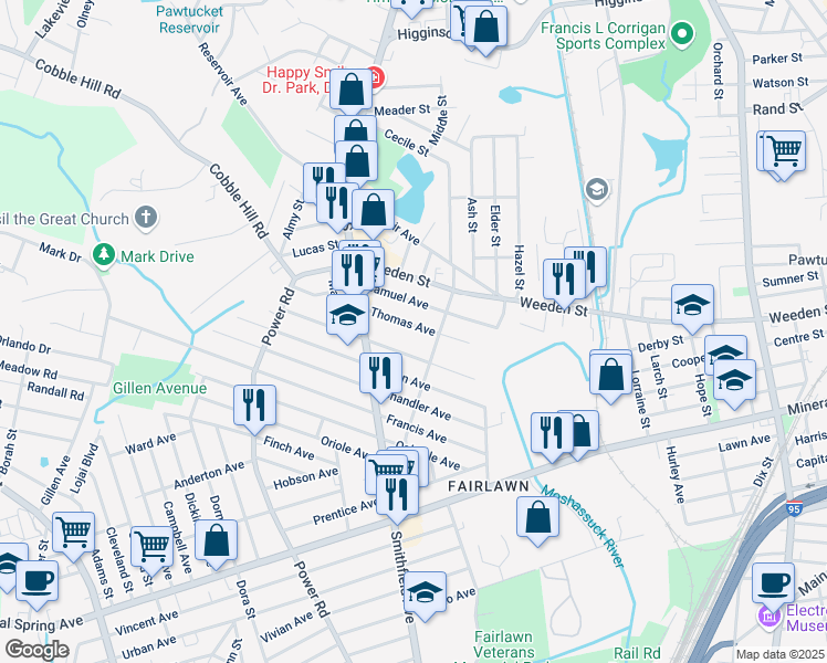 map of restaurants, bars, coffee shops, grocery stores, and more near 72 Thomas Avenue in Pawtucket