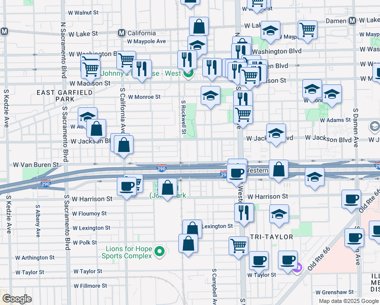 map of restaurants, bars, coffee shops, grocery stores, and more near 314 South Maplewood Avenue in Chicago