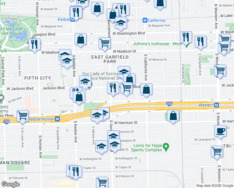 map of restaurants, bars, coffee shops, grocery stores, and more near 2945 West Jackson Boulevard in Chicago
