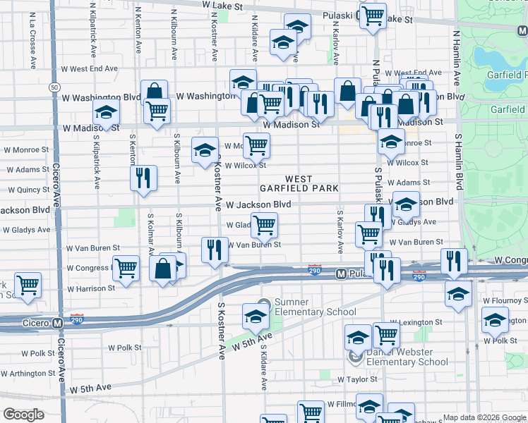 map of restaurants, bars, coffee shops, grocery stores, and more near 4241 West Jackson Boulevard in Chicago