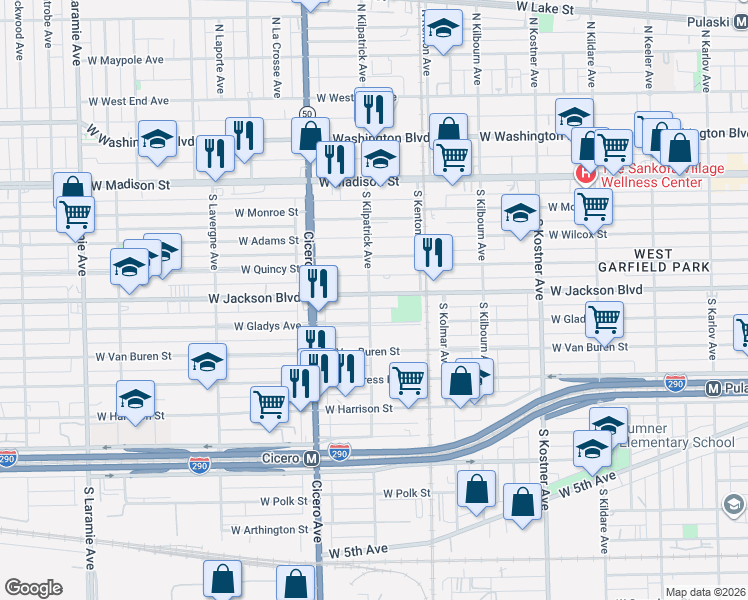 map of restaurants, bars, coffee shops, grocery stores, and more near 4652 West Jackson Boulevard in Chicago