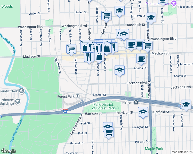 map of restaurants, bars, coffee shops, grocery stores, and more near 516 Ferdinand Avenue in Forest Park