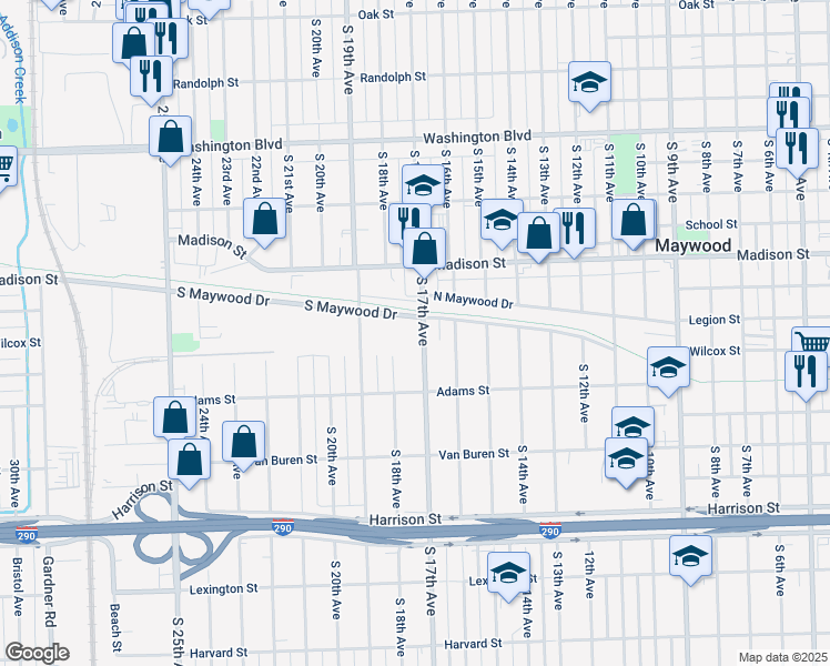 map of restaurants, bars, coffee shops, grocery stores, and more near South Maywood Drive in Maywood