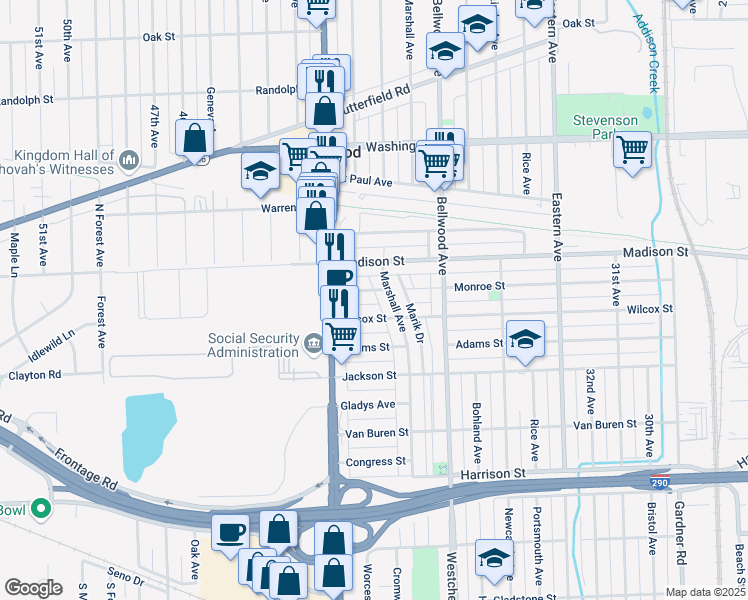 map of restaurants, bars, coffee shops, grocery stores, and more near 827 Marshall Avenue in Bellwood
