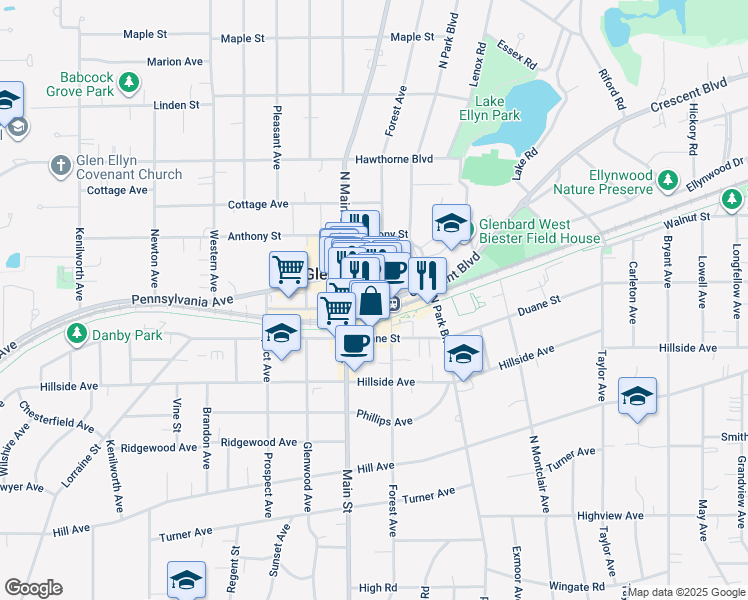 map of restaurants, bars, coffee shops, grocery stores, and more near in Glen Ellyn