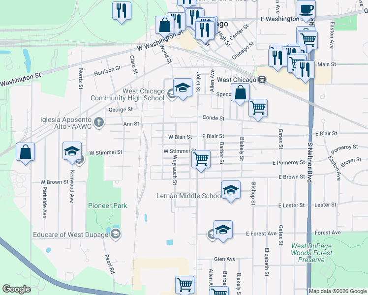 map of restaurants, bars, coffee shops, grocery stores, and more near 138 West Blair Street in West Chicago