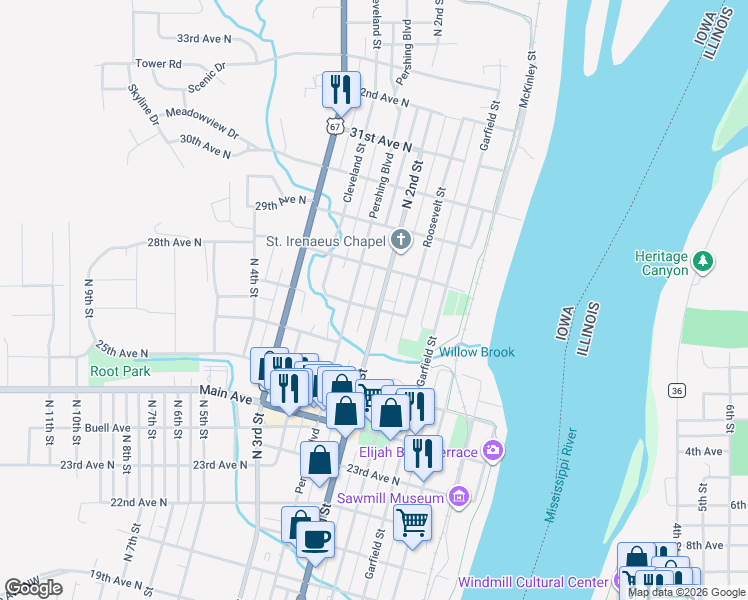 map of restaurants, bars, coffee shops, grocery stores, and more near 2714 North 2nd Street in Clinton