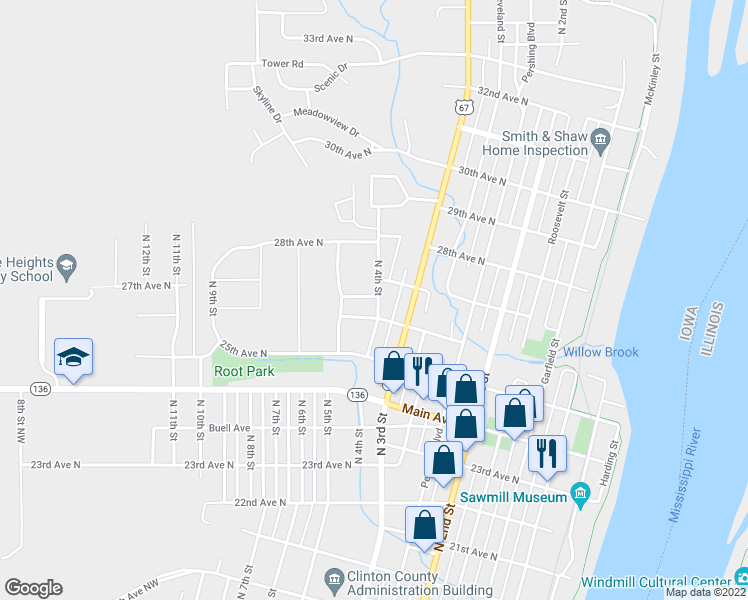 map of restaurants, bars, coffee shops, grocery stores, and more near 2604 North 4th Street in Clinton