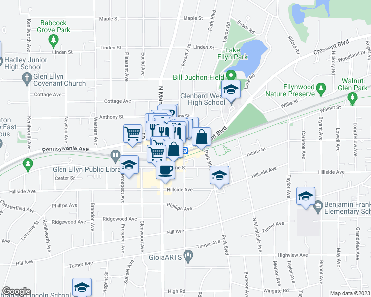 map of restaurants, bars, coffee shops, grocery stores, and more near 552 Crescent Boulevard in Glen Ellyn