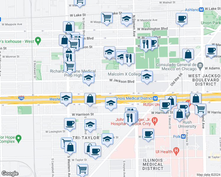 map of restaurants, bars, coffee shops, grocery stores, and more near 2129 West Gladys Avenue in Chicago