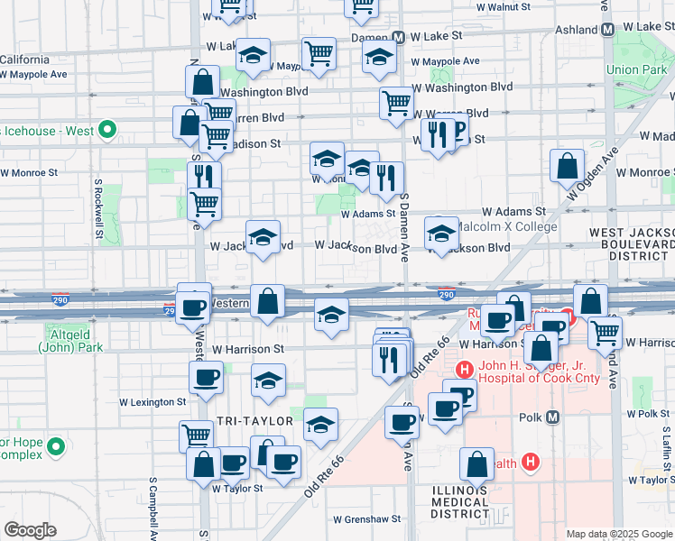 map of restaurants, bars, coffee shops, grocery stores, and more near 2119 West Gladys Avenue in Chicago