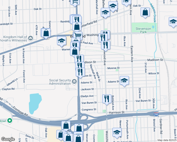 map of restaurants, bars, coffee shops, grocery stores, and more near 827 Marshall Avenue in Bellwood