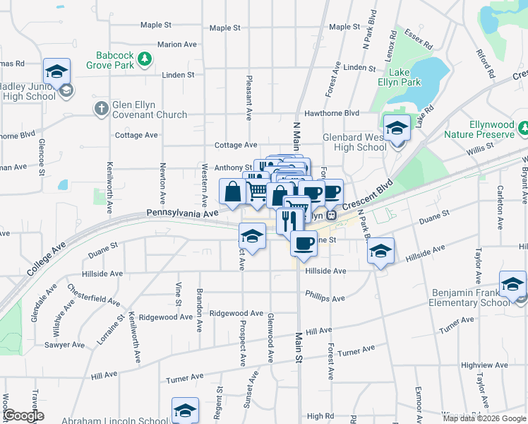 map of restaurants, bars, coffee shops, grocery stores, and more near 464 Glenwood Avenue in Glen Ellyn
