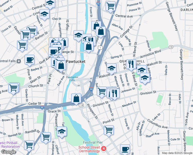 map of restaurants, bars, coffee shops, grocery stores, and more near 56 Walcott Street in Pawtucket