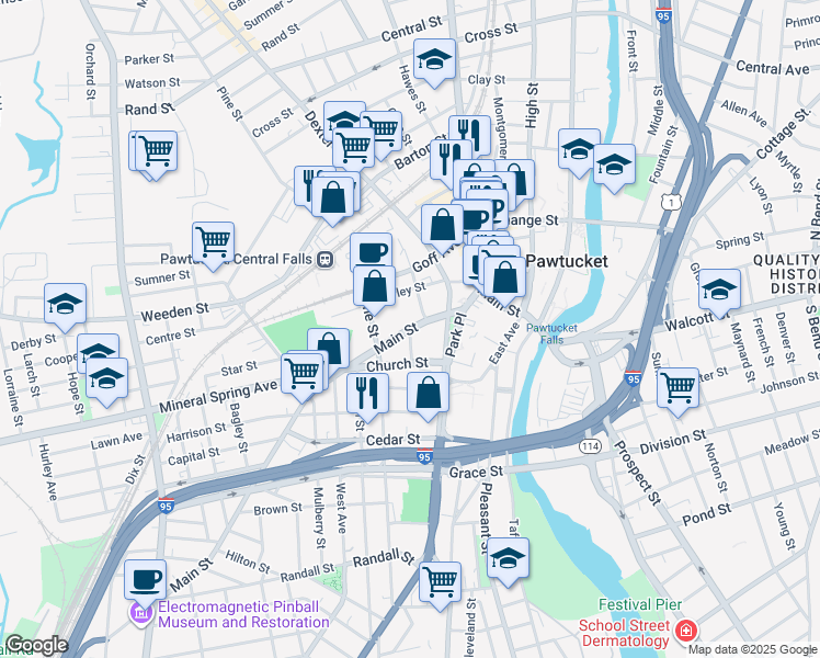 map of restaurants, bars, coffee shops, grocery stores, and more near Hill Street in Pawtucket