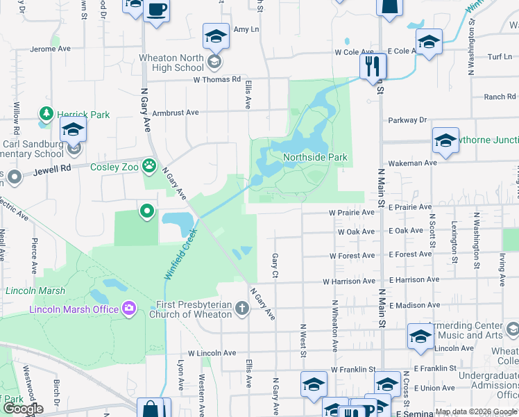 map of restaurants, bars, coffee shops, grocery stores, and more near 519 West Prairie Avenue in Wheaton