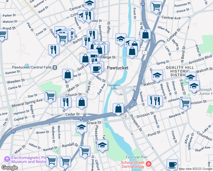 map of restaurants, bars, coffee shops, grocery stores, and more near in Pawtucket