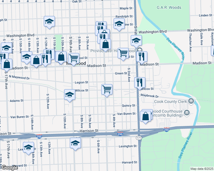 map of restaurants, bars, coffee shops, grocery stores, and more near 1201 South 5th Avenue in Maywood