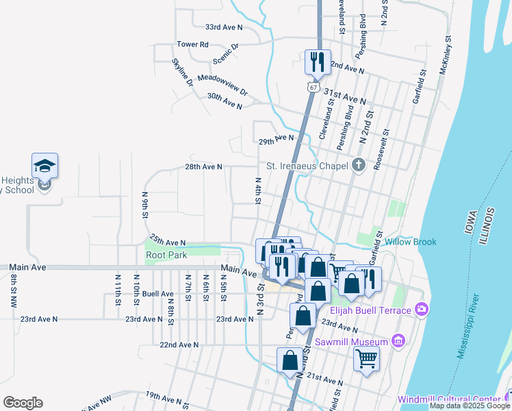 map of restaurants, bars, coffee shops, grocery stores, and more near 2604 North 4th Street in Clinton