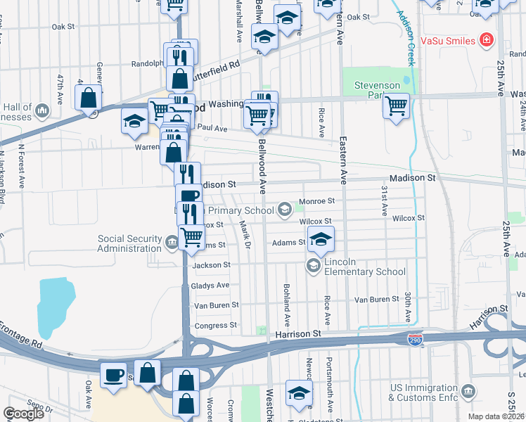 map of restaurants, bars, coffee shops, grocery stores, and more near 3610 Monroe Street in Bellwood