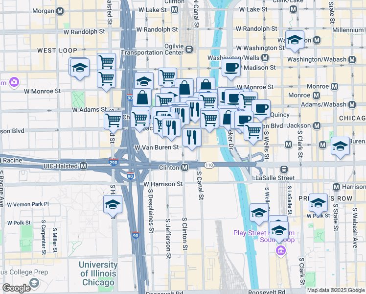 map of restaurants, bars, coffee shops, grocery stores, and more near W Van Buren St & S Clinton St in Chicago