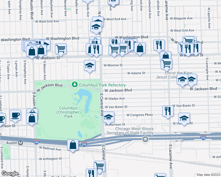 map of restaurants, bars, coffee shops, grocery stores, and more near 5542 West Jackson Boulevard in Chicago