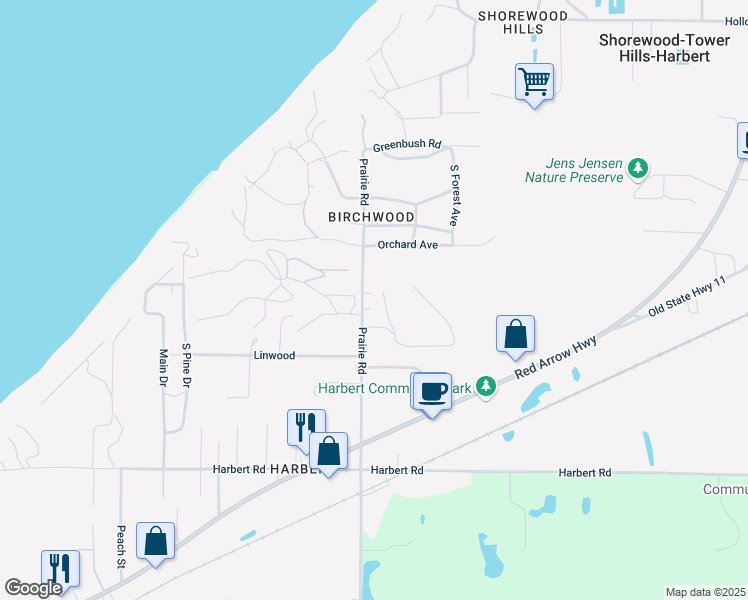 map of restaurants, bars, coffee shops, grocery stores, and more near 13395 Prairie Road in Berrien County