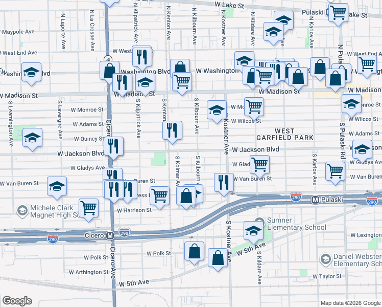 map of restaurants, bars, coffee shops, grocery stores, and more near 4513 West Jackson Boulevard in Chicago