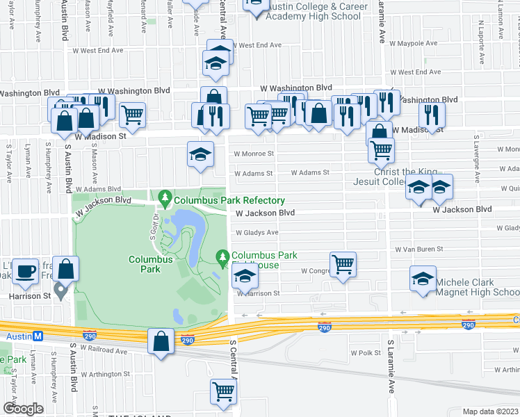 map of restaurants, bars, coffee shops, grocery stores, and more near 5524 West Jackson Boulevard in Chicago