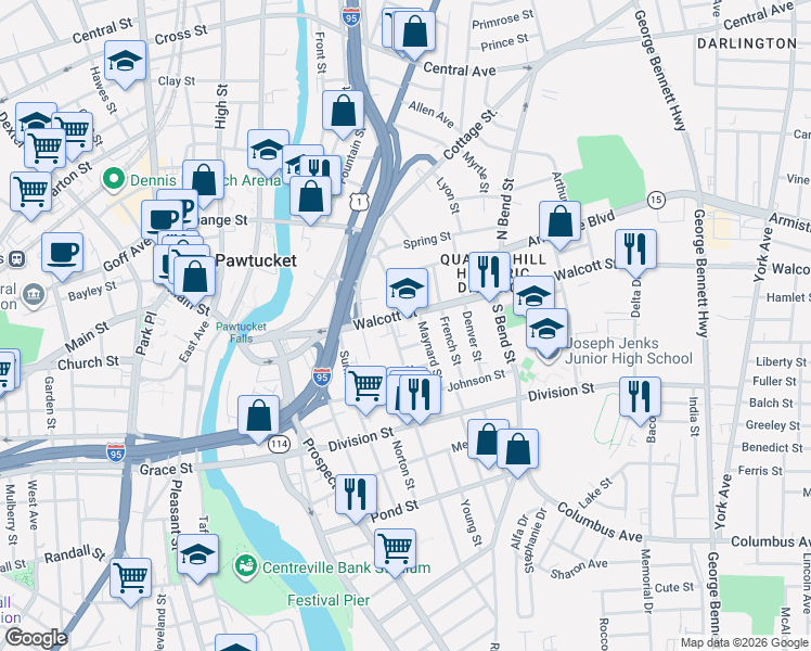 map of restaurants, bars, coffee shops, grocery stores, and more near 123 Walcott Street in Pawtucket
