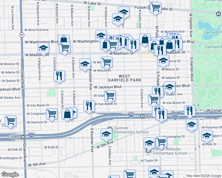 map of restaurants, bars, coffee shops, grocery stores, and more near 4241 West Jackson Boulevard in Chicago