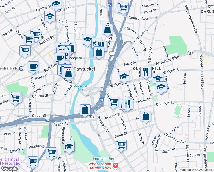 map of restaurants, bars, coffee shops, grocery stores, and more near 202 Walcott Street in Pawtucket