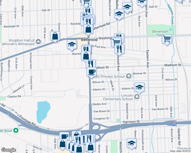 map of restaurants, bars, coffee shops, grocery stores, and more near 4000 Monroe Street in Bellwood