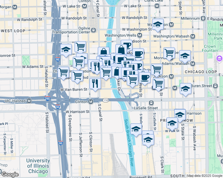 map of restaurants, bars, coffee shops, grocery stores, and more near 415 West Van Buren Street in Chicago