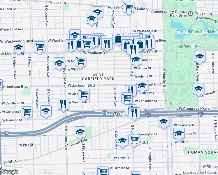 map of restaurants, bars, coffee shops, grocery stores, and more near 4124 Jackson Boulevard in Chicago