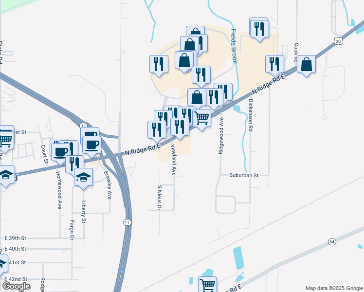 map of restaurants, bars, coffee shops, grocery stores, and more near 2982 North Ridge Road East in Ashtabula
