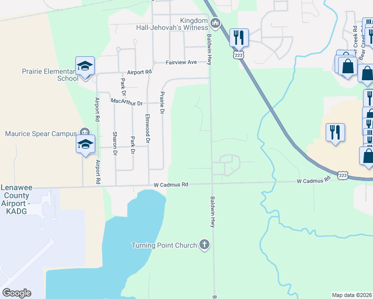 map of restaurants, bars, coffee shops, grocery stores, and more near 2773 Eunice Circle in Adrian