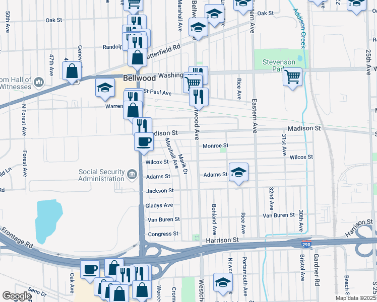 map of restaurants, bars, coffee shops, grocery stores, and more near 3716 Monroe Street in Bellwood