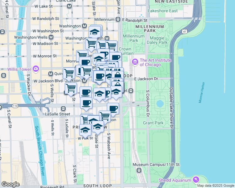 map of restaurants, bars, coffee shops, grocery stores, and more near 332 South Michigan Avenue in Chicago