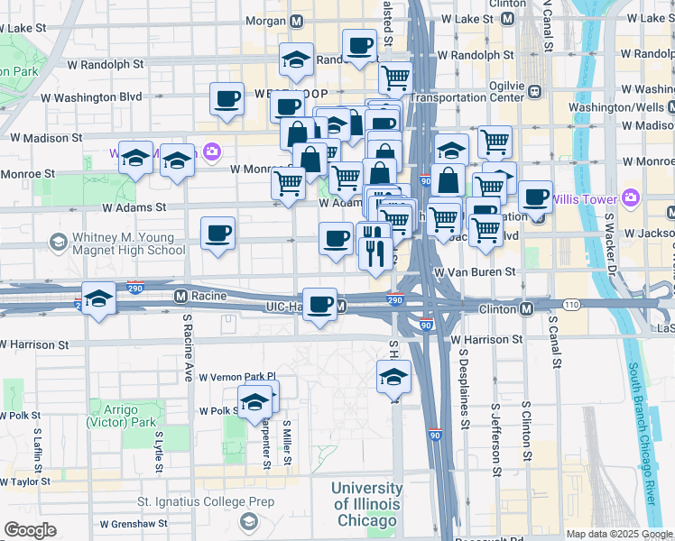 map of restaurants, bars, coffee shops, grocery stores, and more near 329 South Peoria Street in Chicago