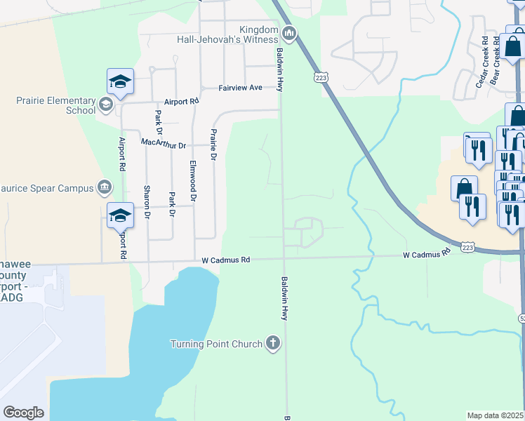 map of restaurants, bars, coffee shops, grocery stores, and more near 2761 Eunice Circle in Adrian